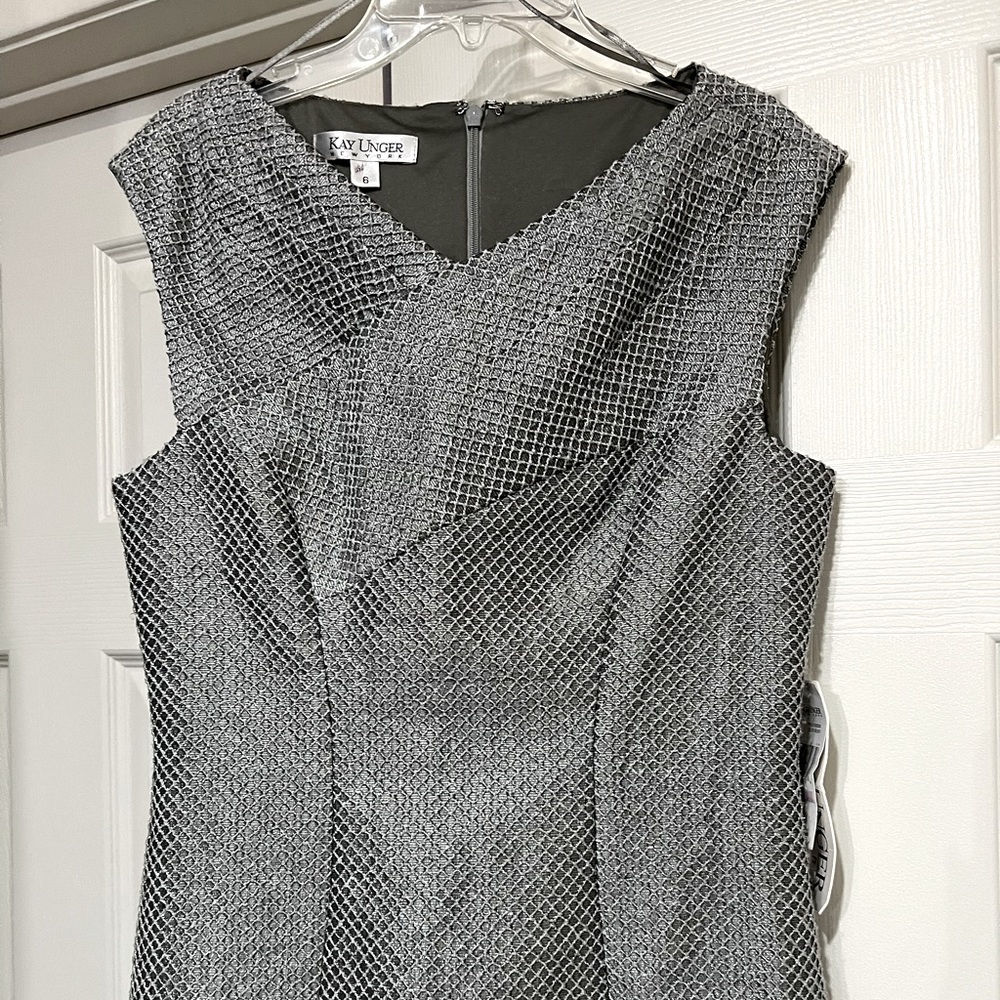 NWT KAY UNGER METALLIC SILVER TAILORED SHEATH COCKTAIL DRESS SIZE 6 - Picture 2 of 13